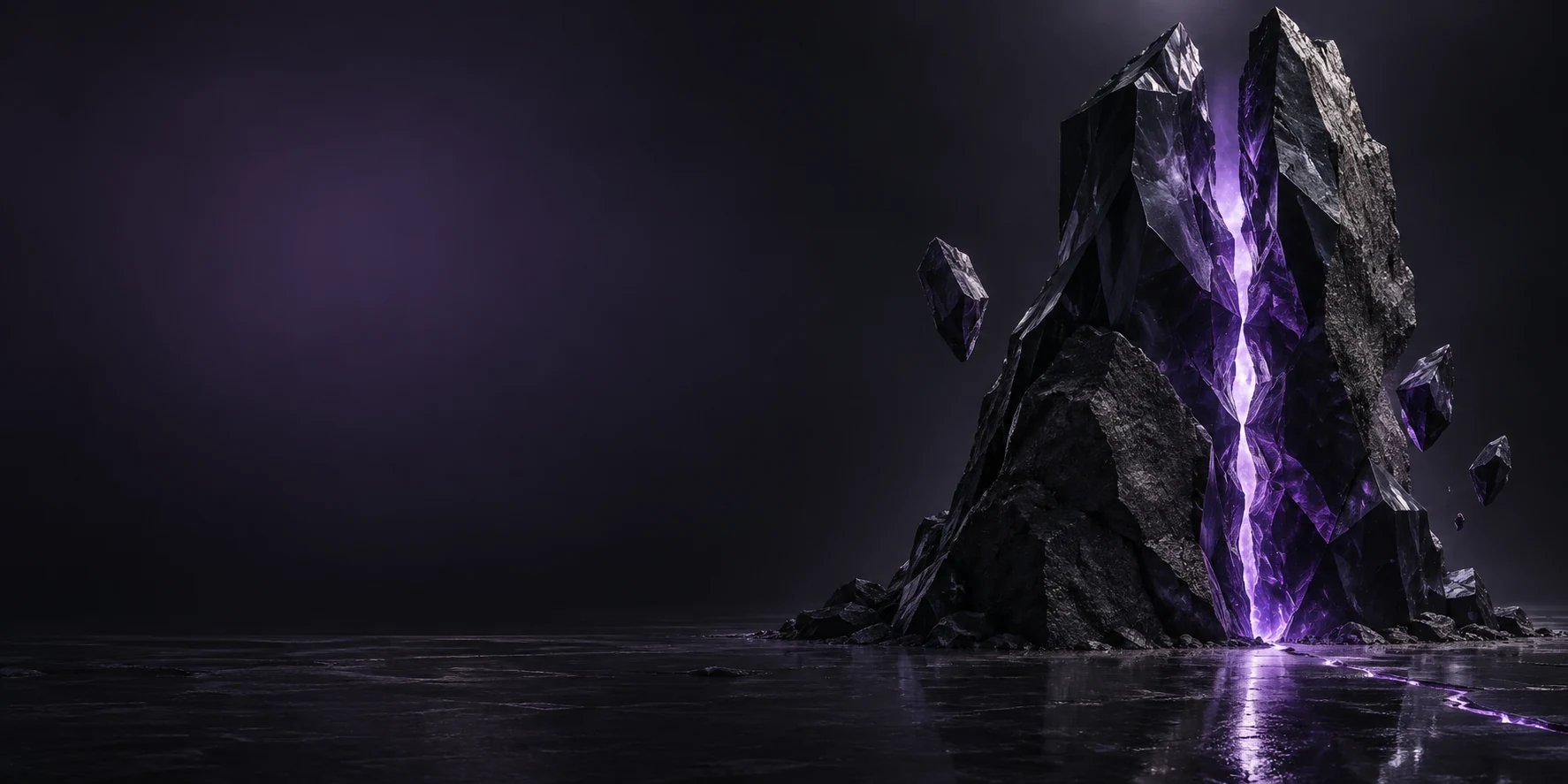 Scène d’obsidienne et lumière violette évoquant l’univers de RIFT.